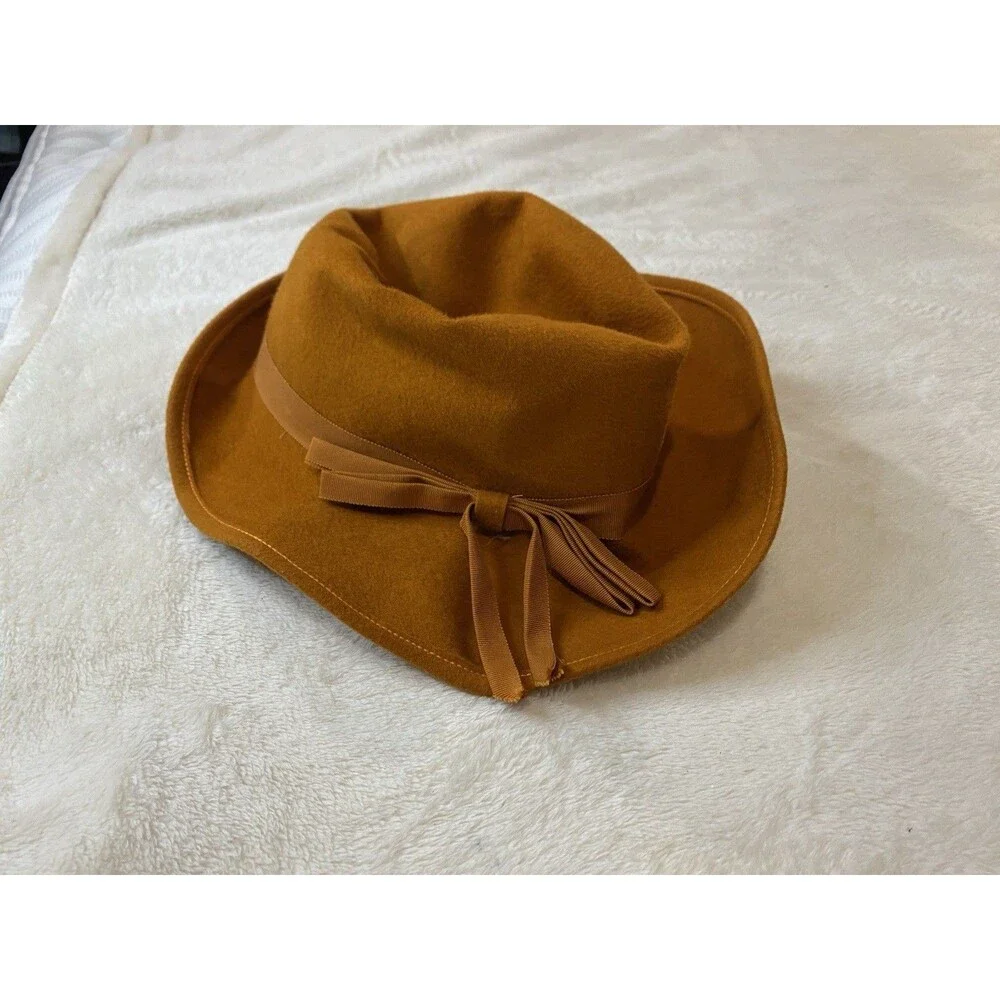 Vintage 1950s RITZ Henry Pollak Inc 100% Wool Mustard Gold Fedora Hat Bow Sz 22